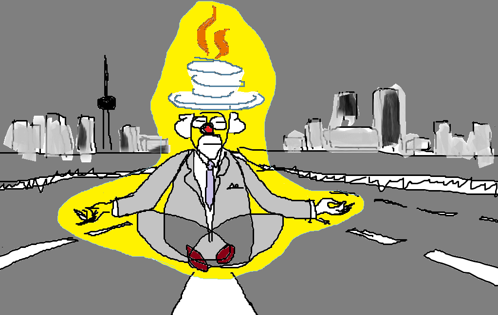 A man in a business suit practicing zen.